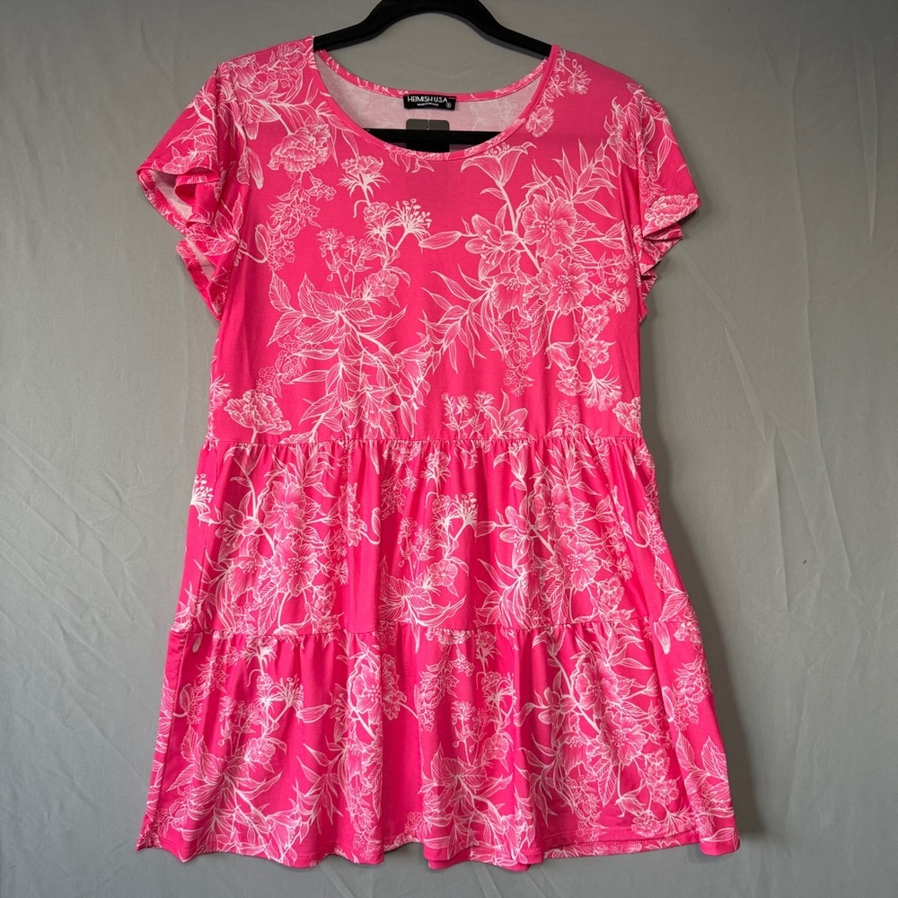 Heimish Womens Boho Babydoll Tiered Floral Tunic Top S Pink Ruffle Stretchy
